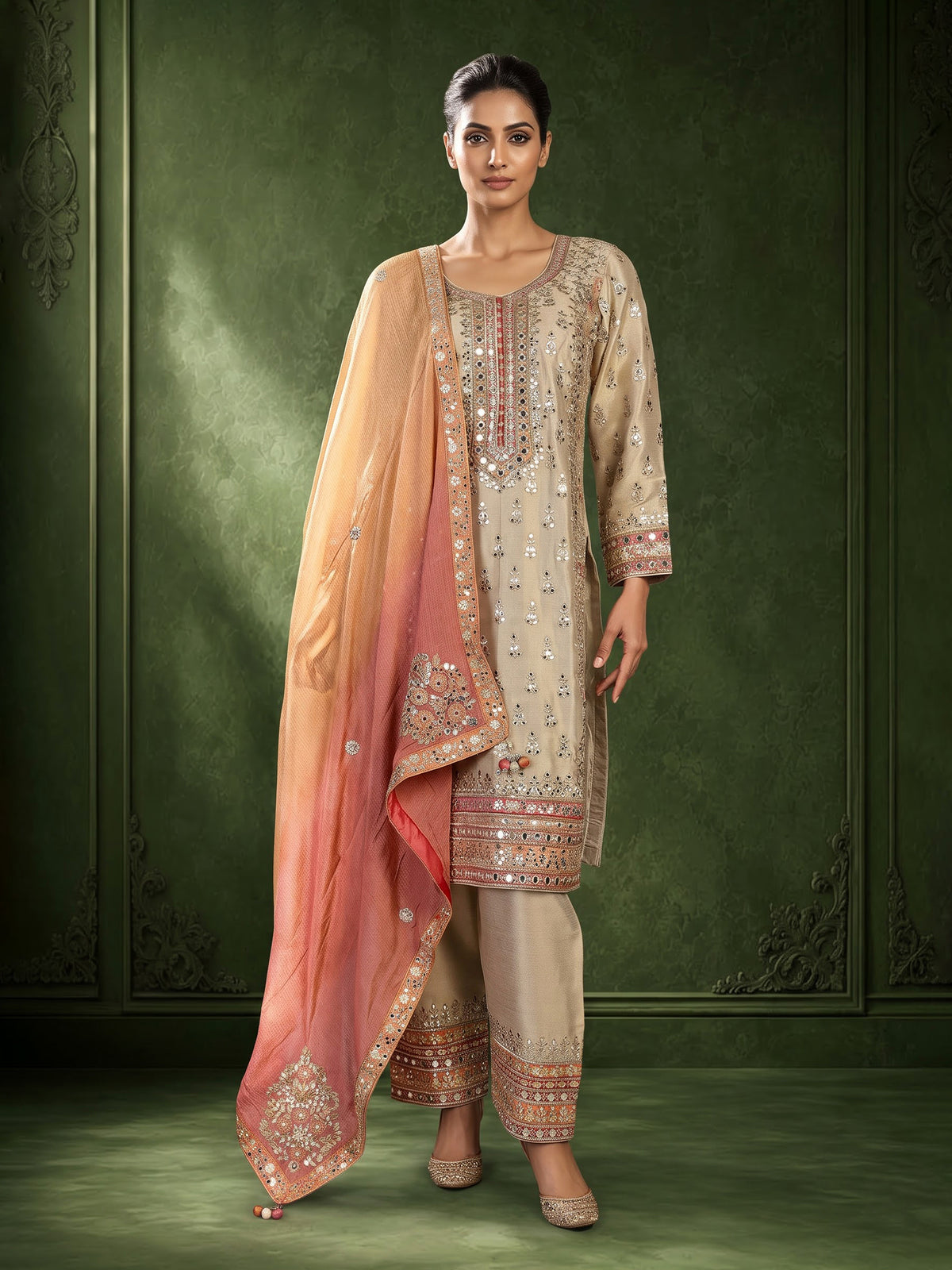 Beige pakistani style chanderi silk salwar suit with rust dupatta