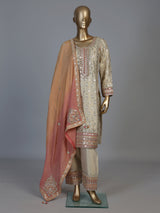 Beige pakistani style chanderi silk salwar suit with rust dupatta