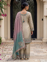 Beige pakistani style chanderi silk salwar suit with multicolor dupatta