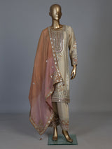 Beige pakistani style chanderi silk salwar suit with pink dupatta