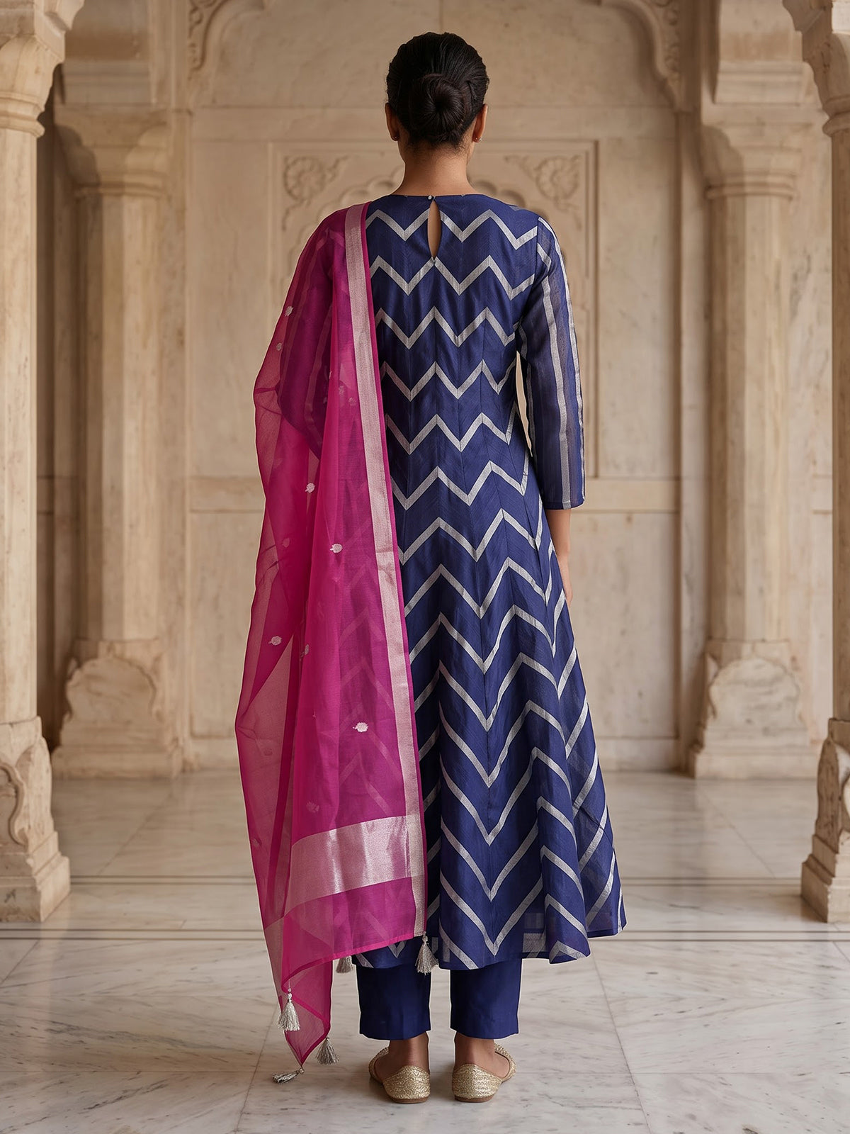 Navy blue silk blend anarkali salwar with dupatta
