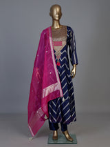 Navy blue silk blend anarkali salwar with dupatta