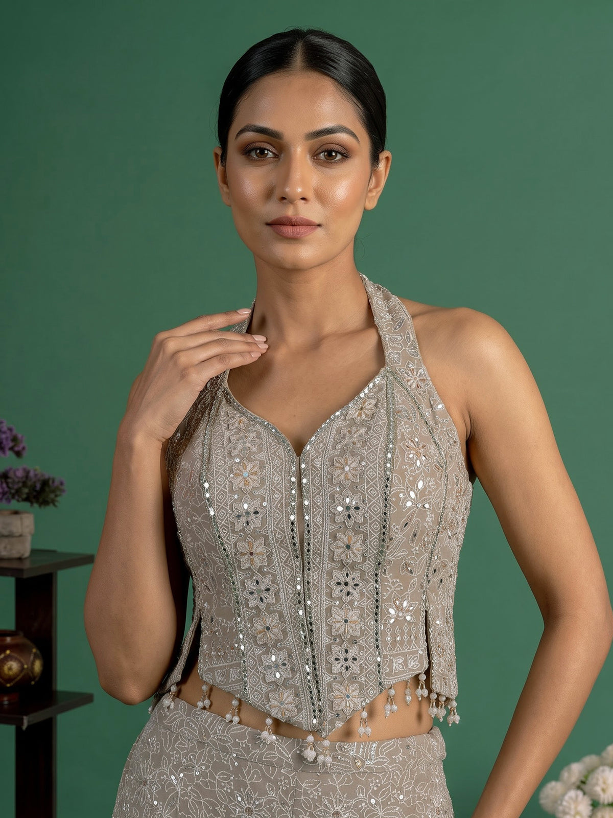 Beige georgette designer palazzo suit with embellished dupatta
