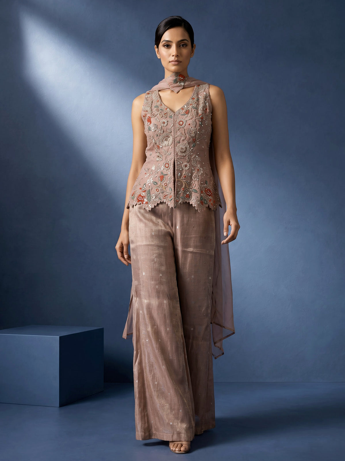Onion pink tissue silk designer palazzo suit with elegant dupatta