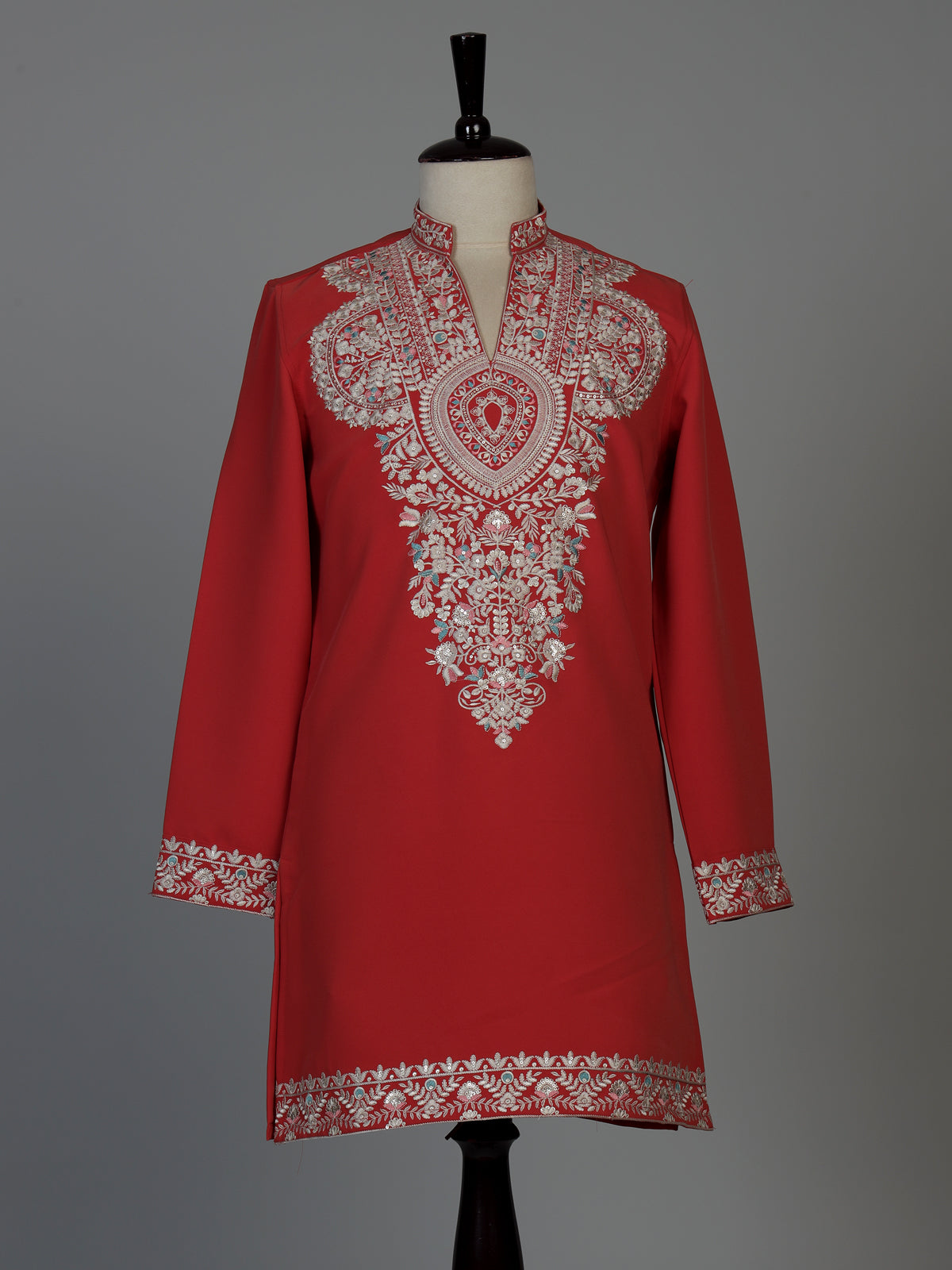 Orange silk blend mens kurta suit with floral neck style