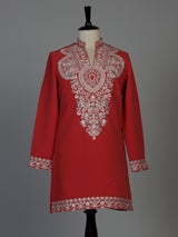 Orange silk blend mens kurta suit with floral neck style
