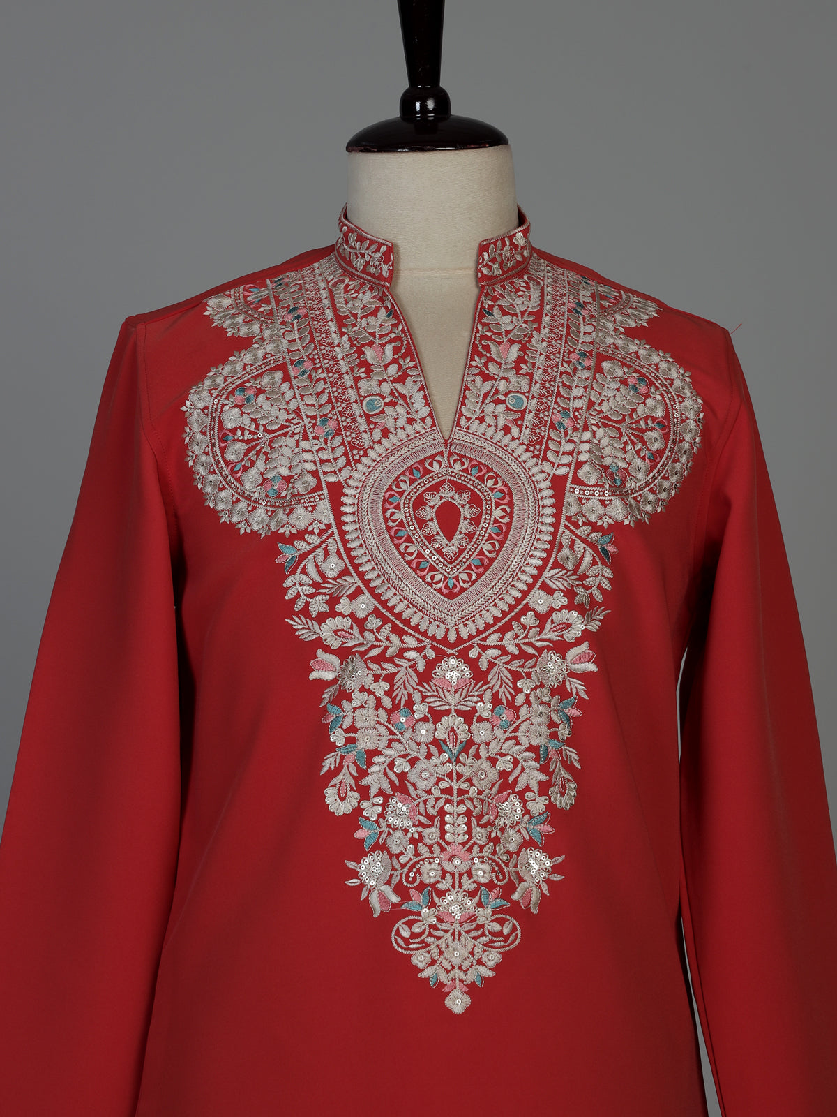 Orange silk blend mens kurta suit with floral neck style