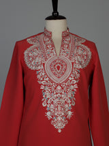 Orange silk blend mens kurta suit with floral neck style