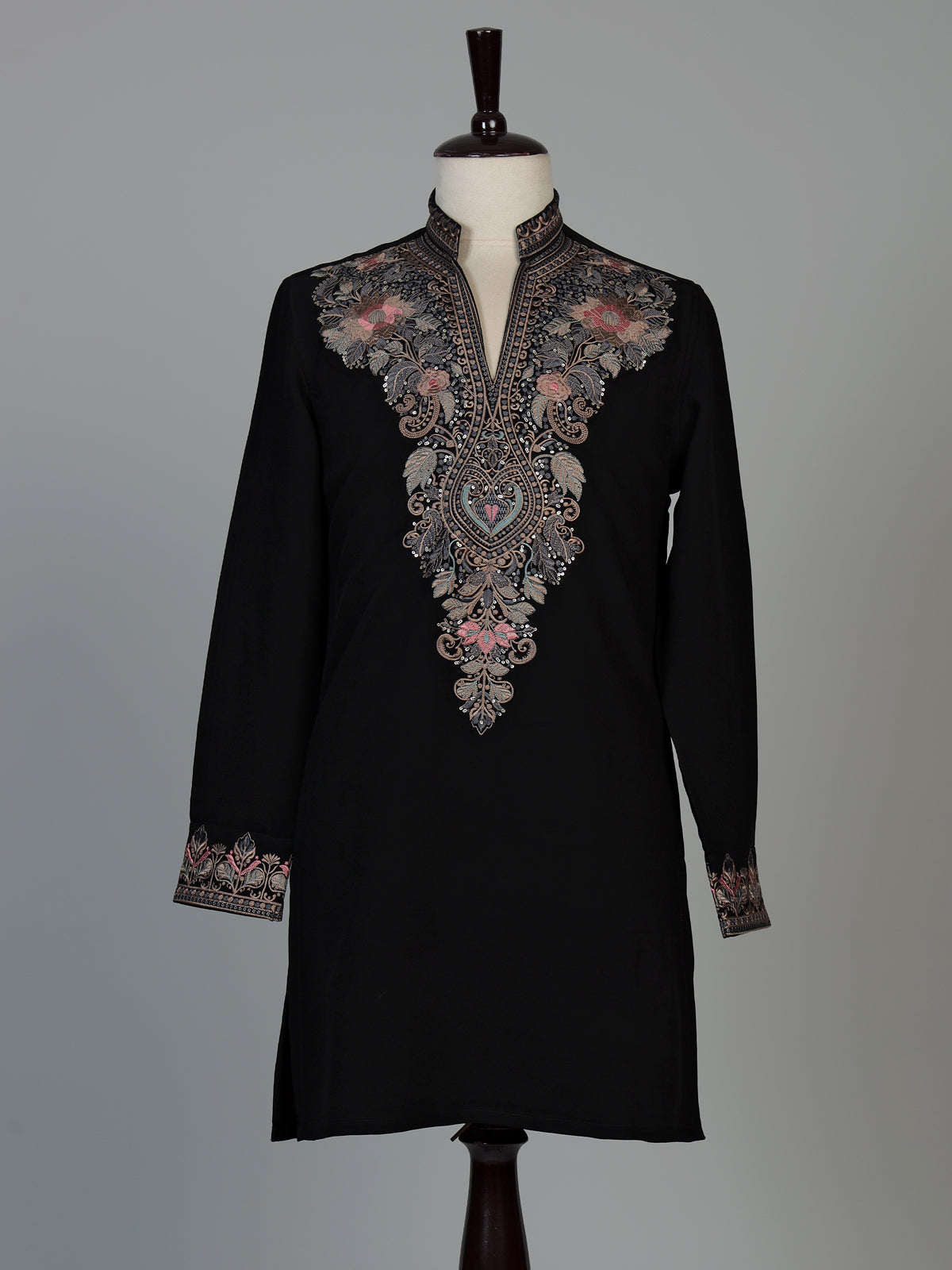 Black silk blend mens kurta pajama with floral work