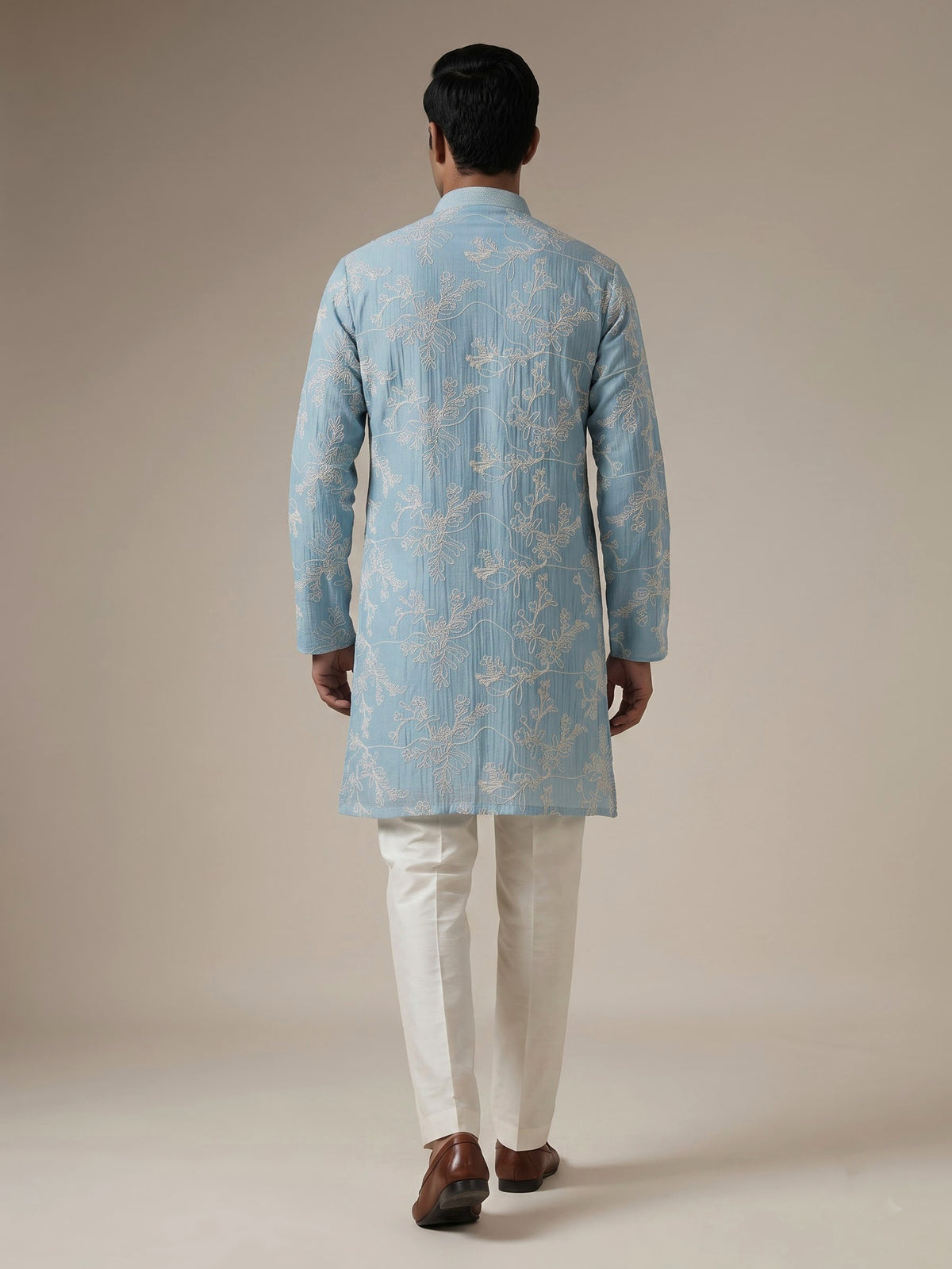 Sky blue Chanderi silk mens kurta pajama with vine embroidery