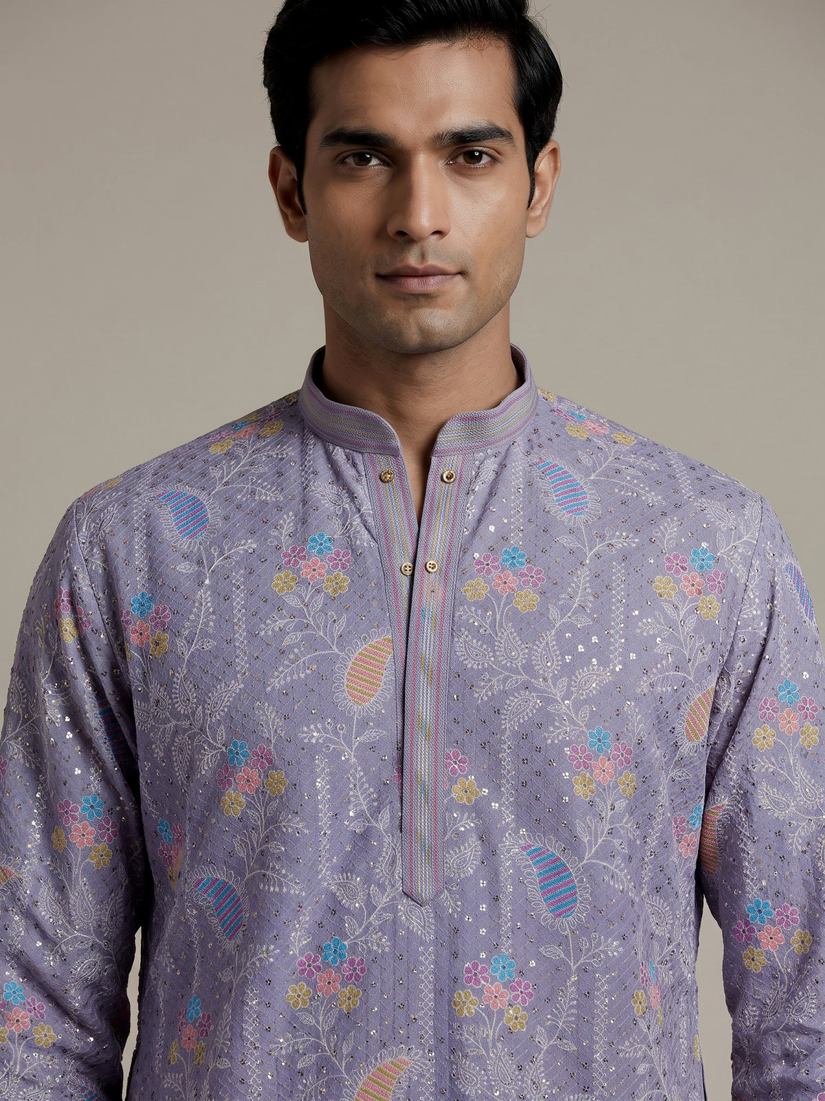 Lilac purple georgette silk mens kurta pajama with chikankari work