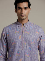 Lilac purple georgette silk mens kurta pajama with chikankari work