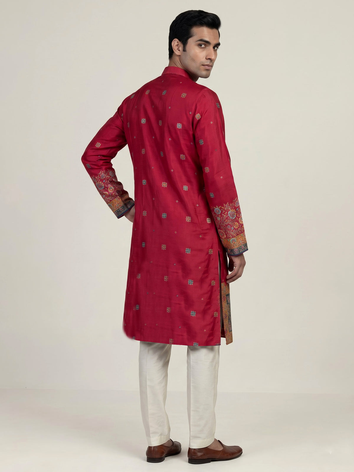 Hot pink silk mens kurta suit with kashmiri jamawar dupatta