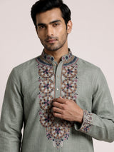 Pista green cotton linen mens kurta pajama with floral yoke