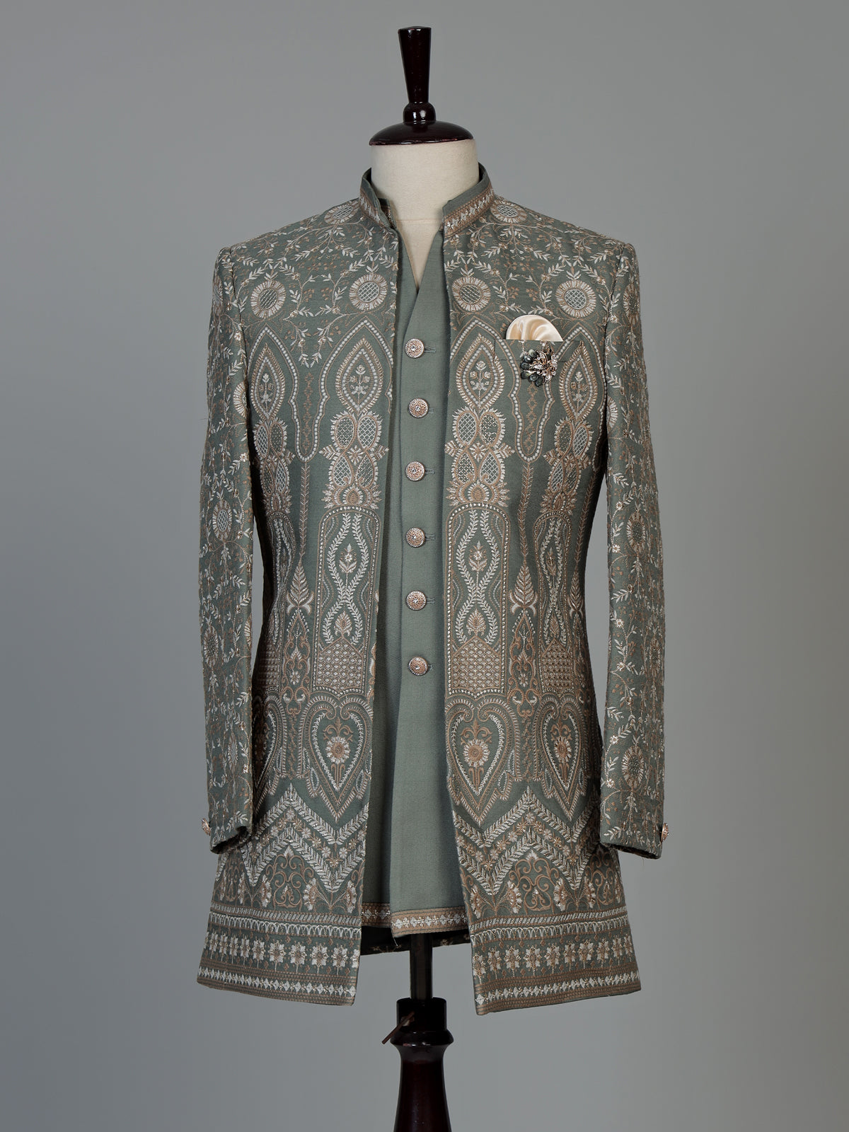 Sage green regal  mens  indo western open jacket with jharokha