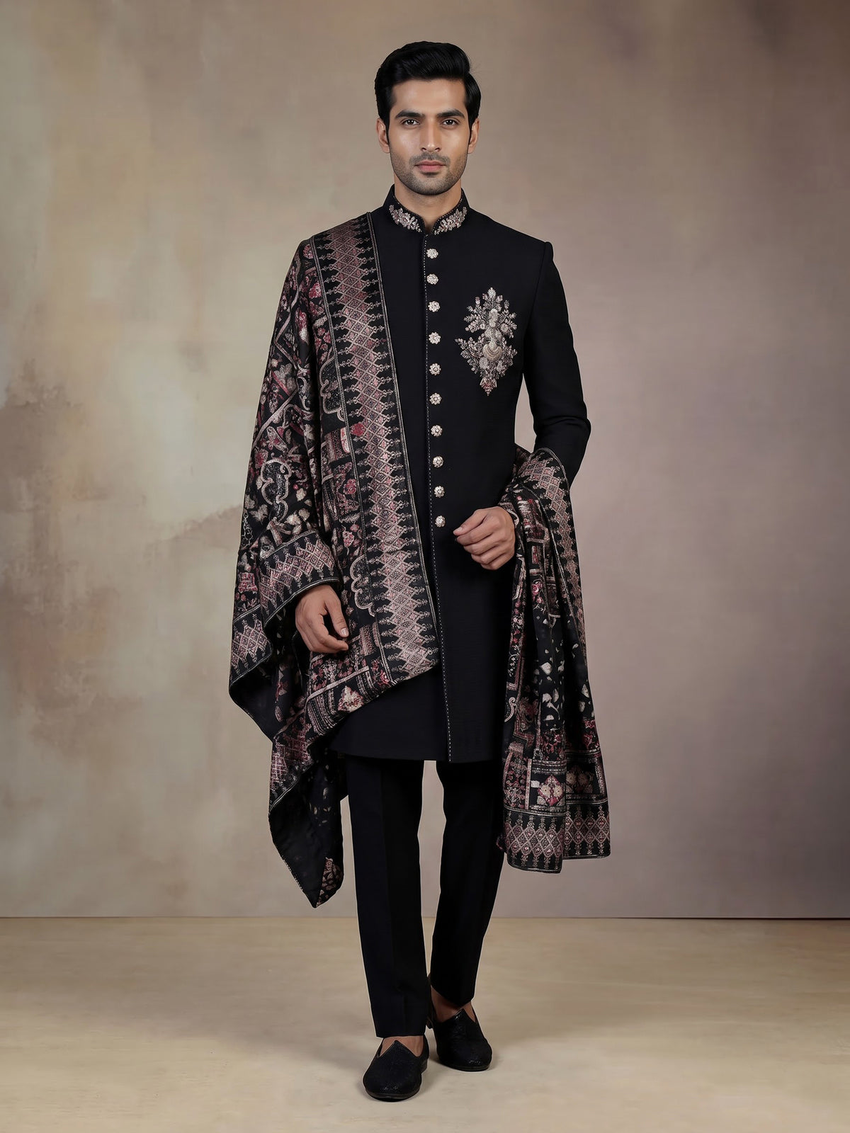 Black luxury  mens  indo western with kashmiri jamawar stole