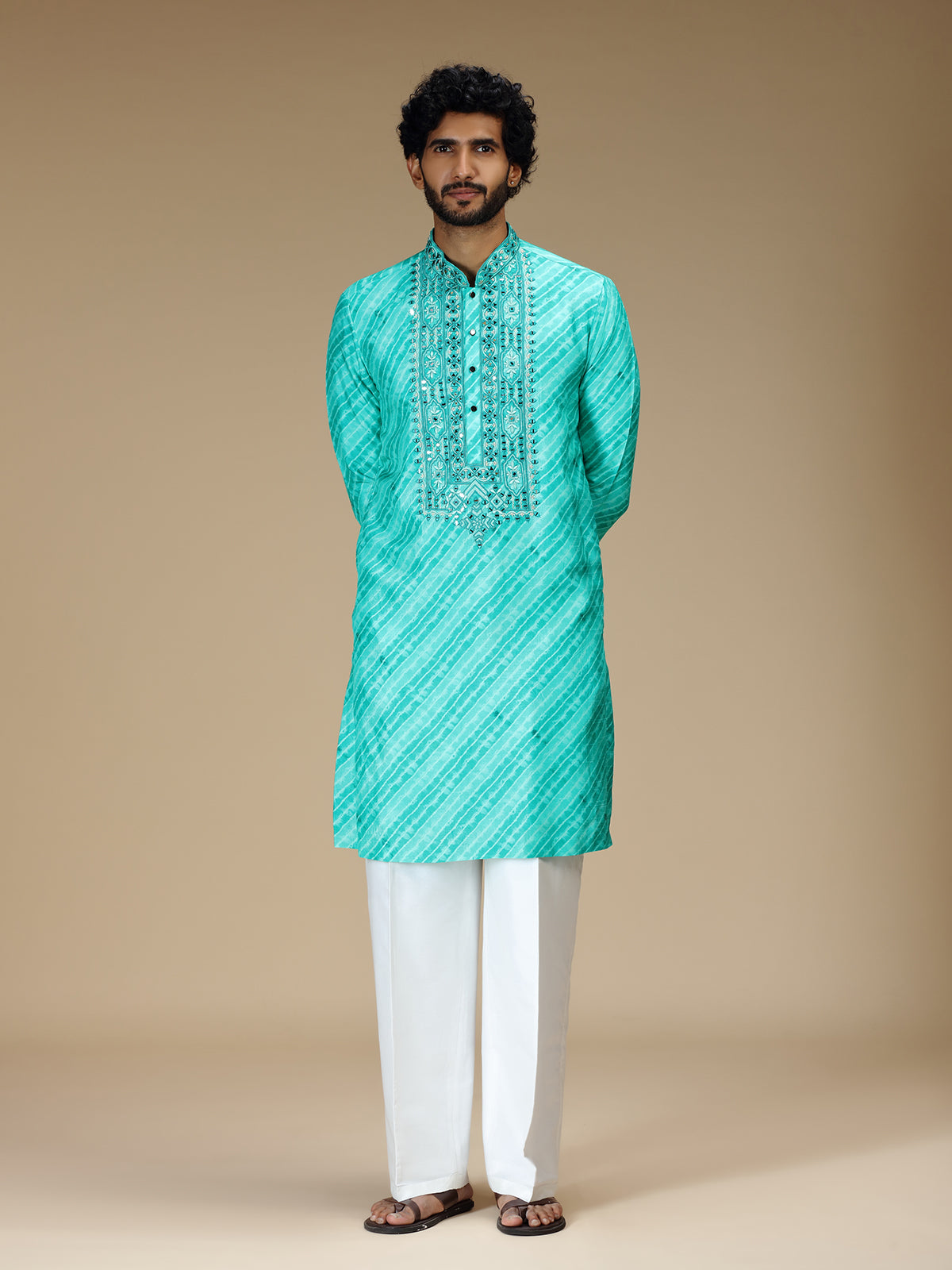 Blue leheriya printed silk blend kurta pajama