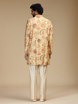 Cream paisley embroidered silk mens kurta pajama