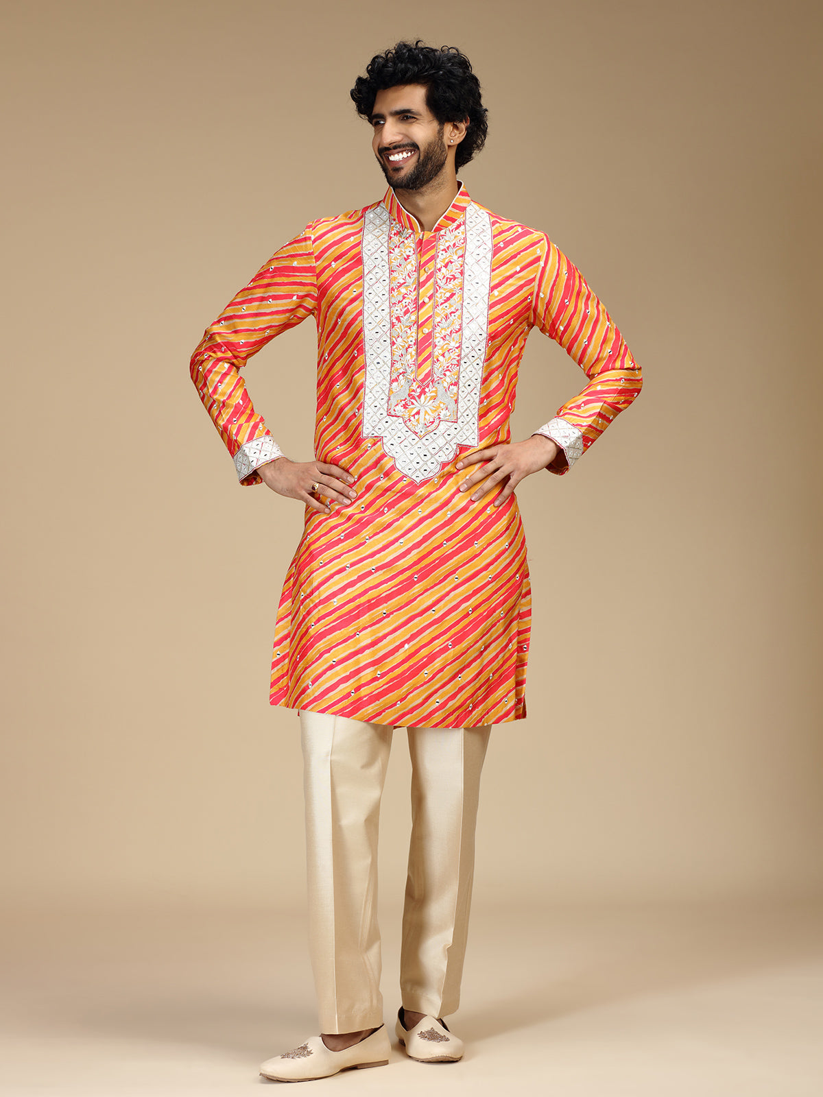 Orange leheriya printed silk mens kurta pajama