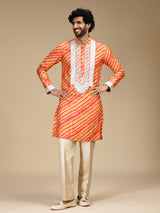 Orange leheriya printed silk mens kurta pajama