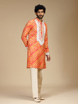 Orange leheriya printed silk mens kurta pajama