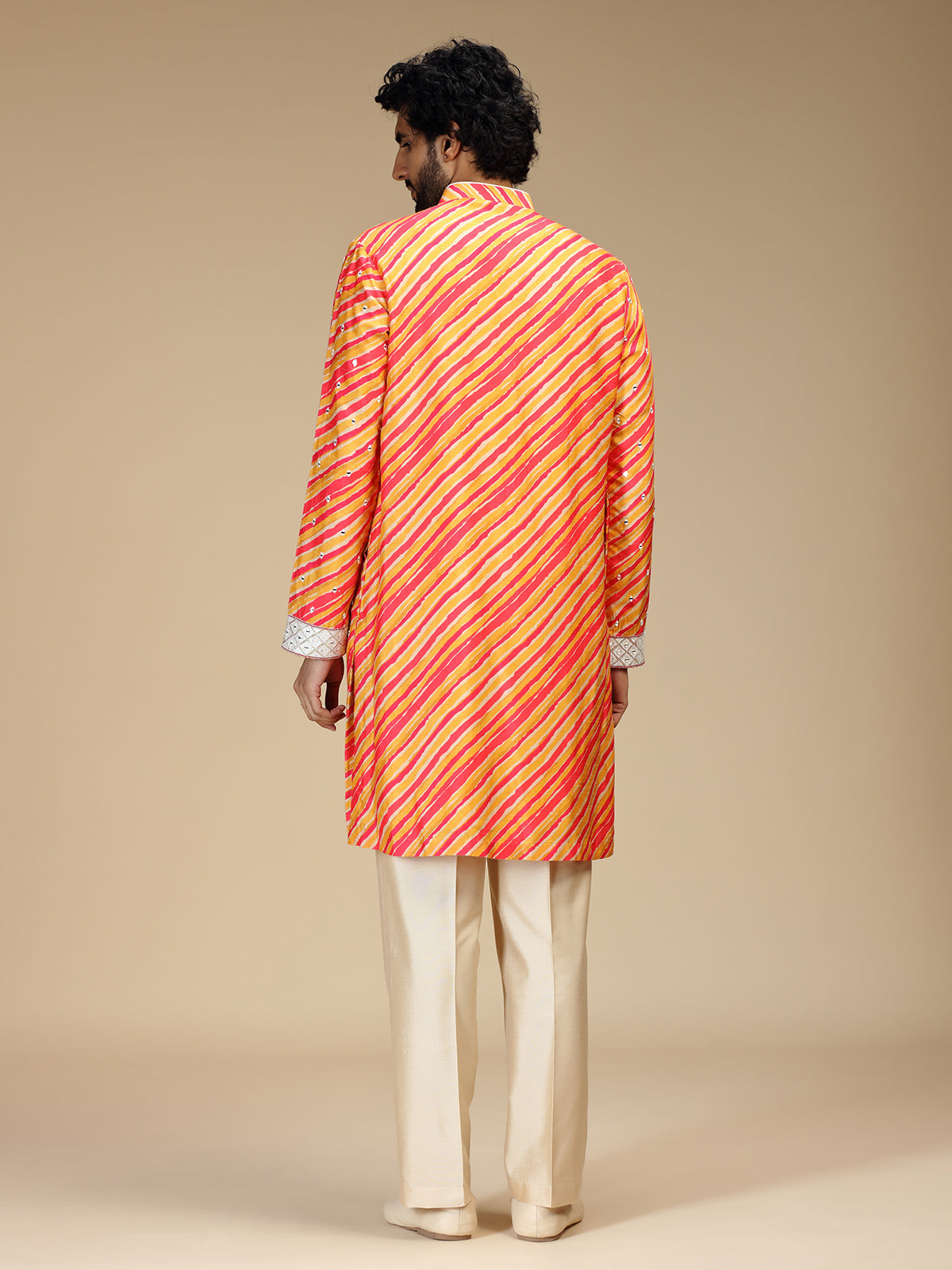 Orange leheriya printed silk mens kurta pajama
