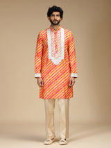 Orange leheriya printed silk mens kurta pajama