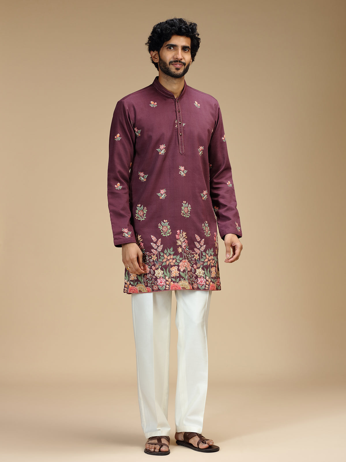 Deep purple floral embroidered viscose kurta pajama