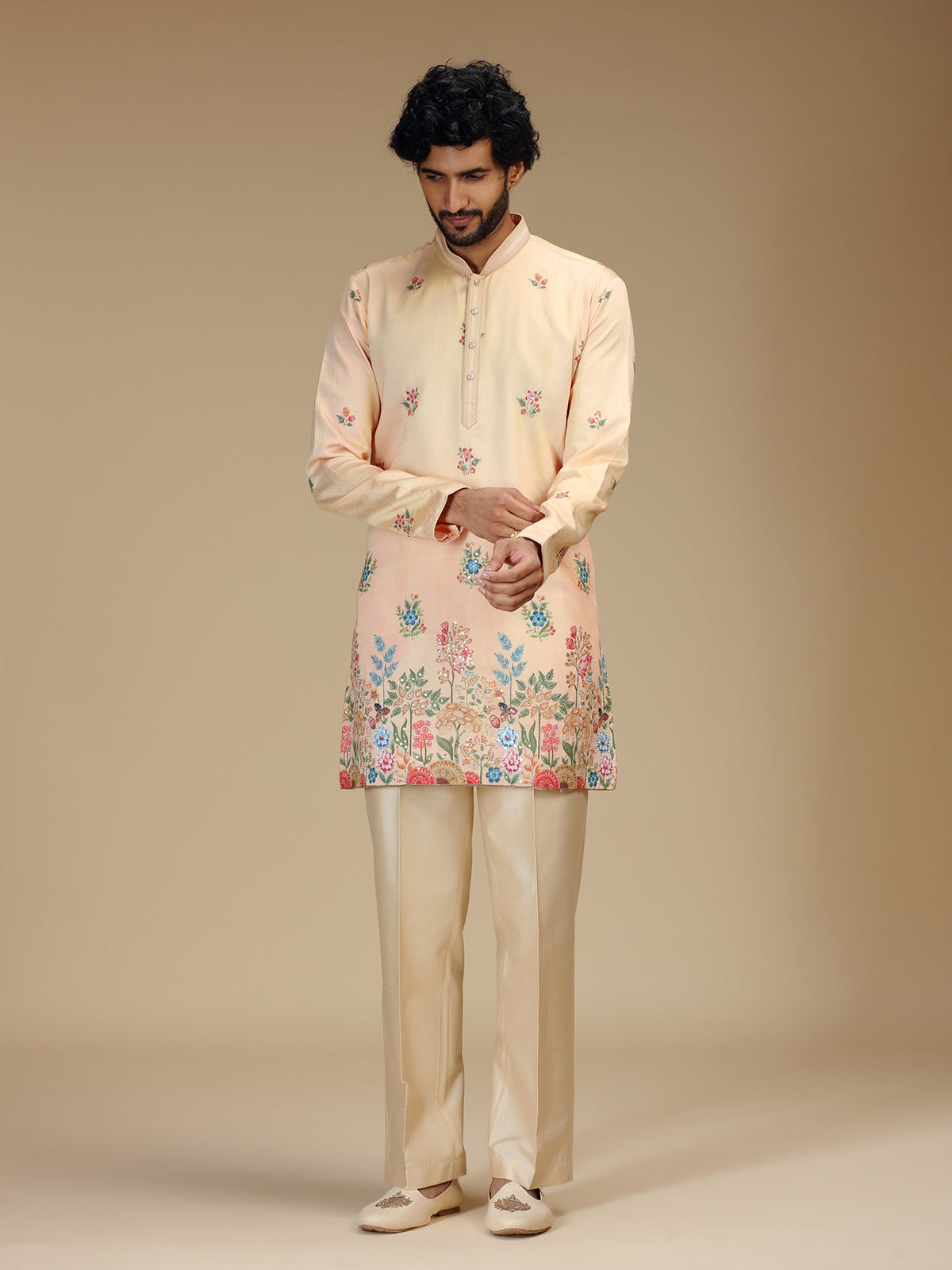 Peach floral resham embroidered mens kurta pajama