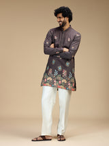 Grey floral embroidered viscose blend kurta pajama
