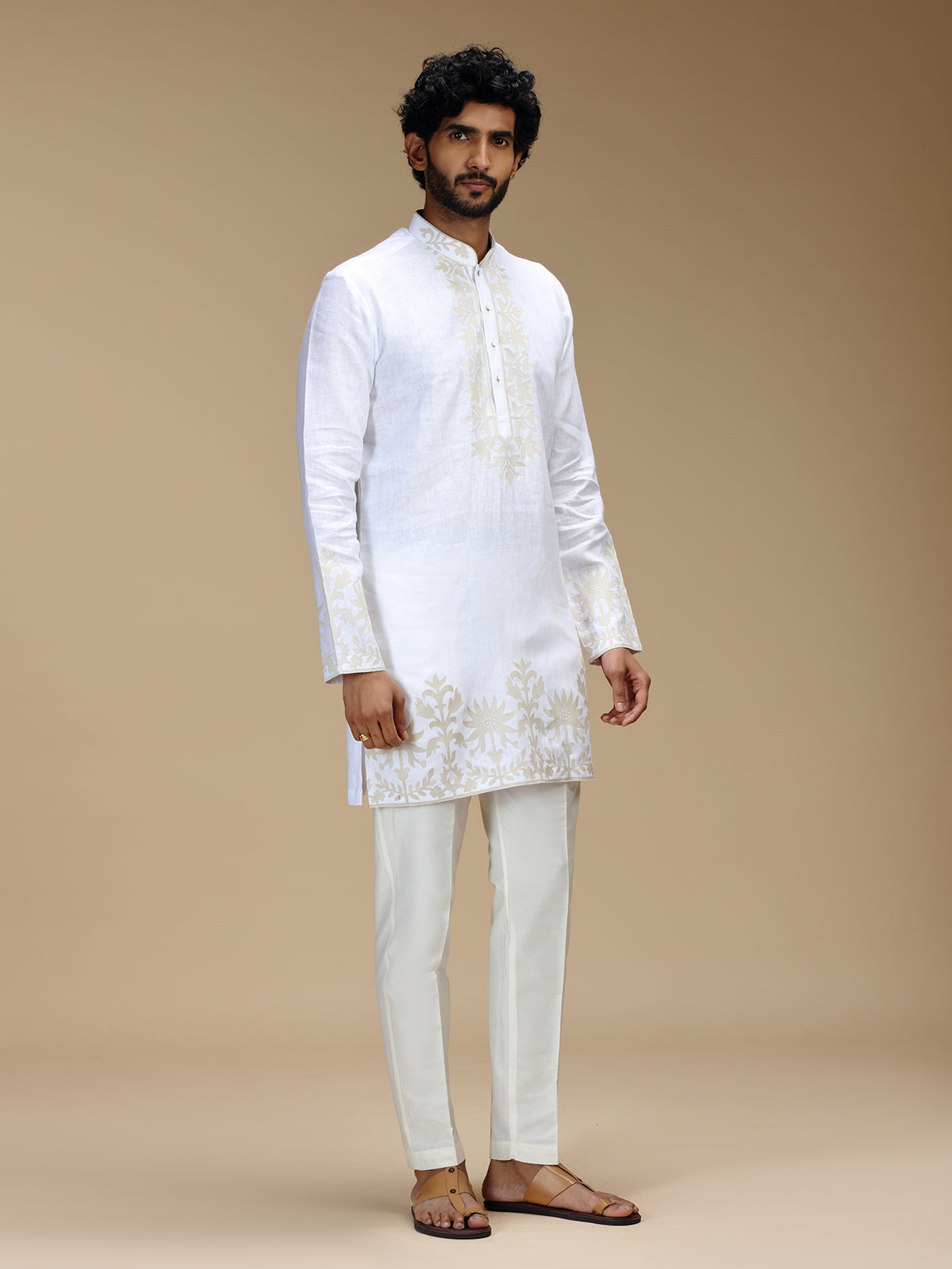 Off white patchwork linen mens kurta pajama