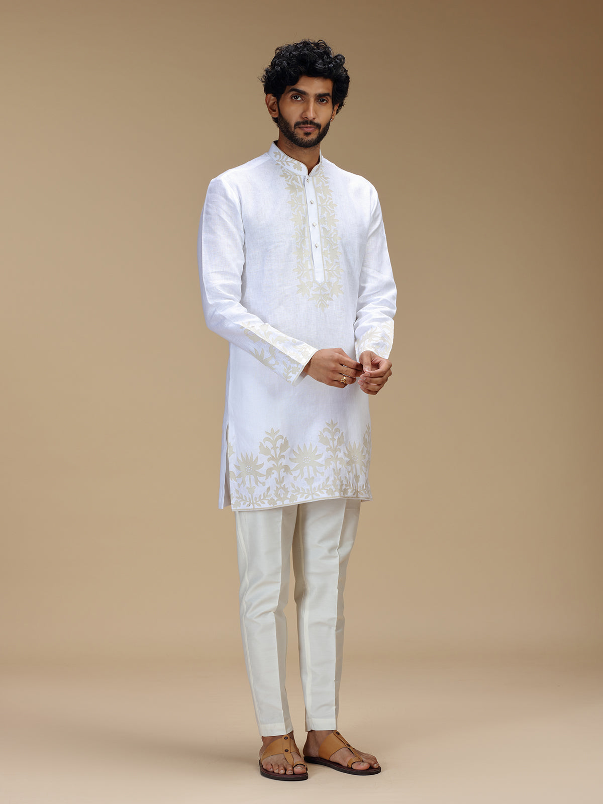 Off white patchwork linen mens kurta pajama