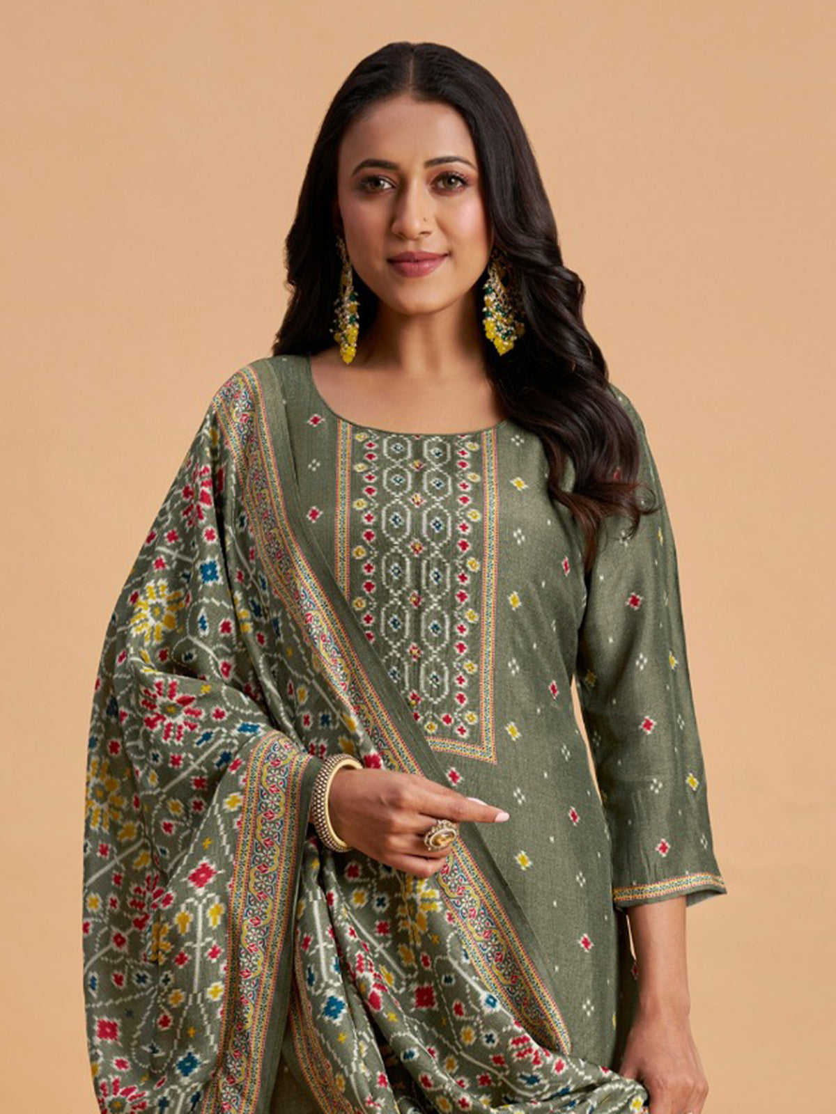 Moss green womens patola print pant suit