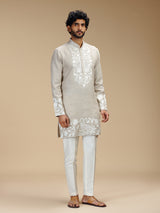 Beige botanical patchwork linen kurta pajama