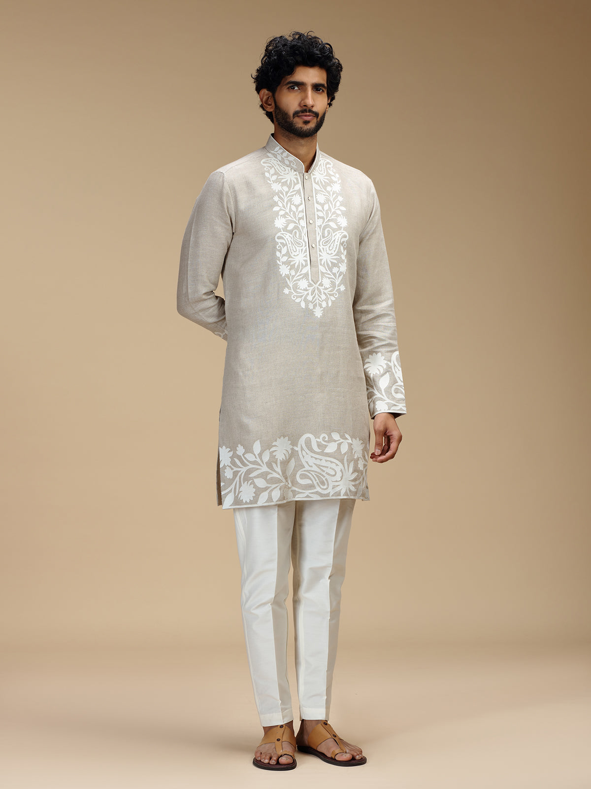 Beige botanical patchwork linen kurta pajama