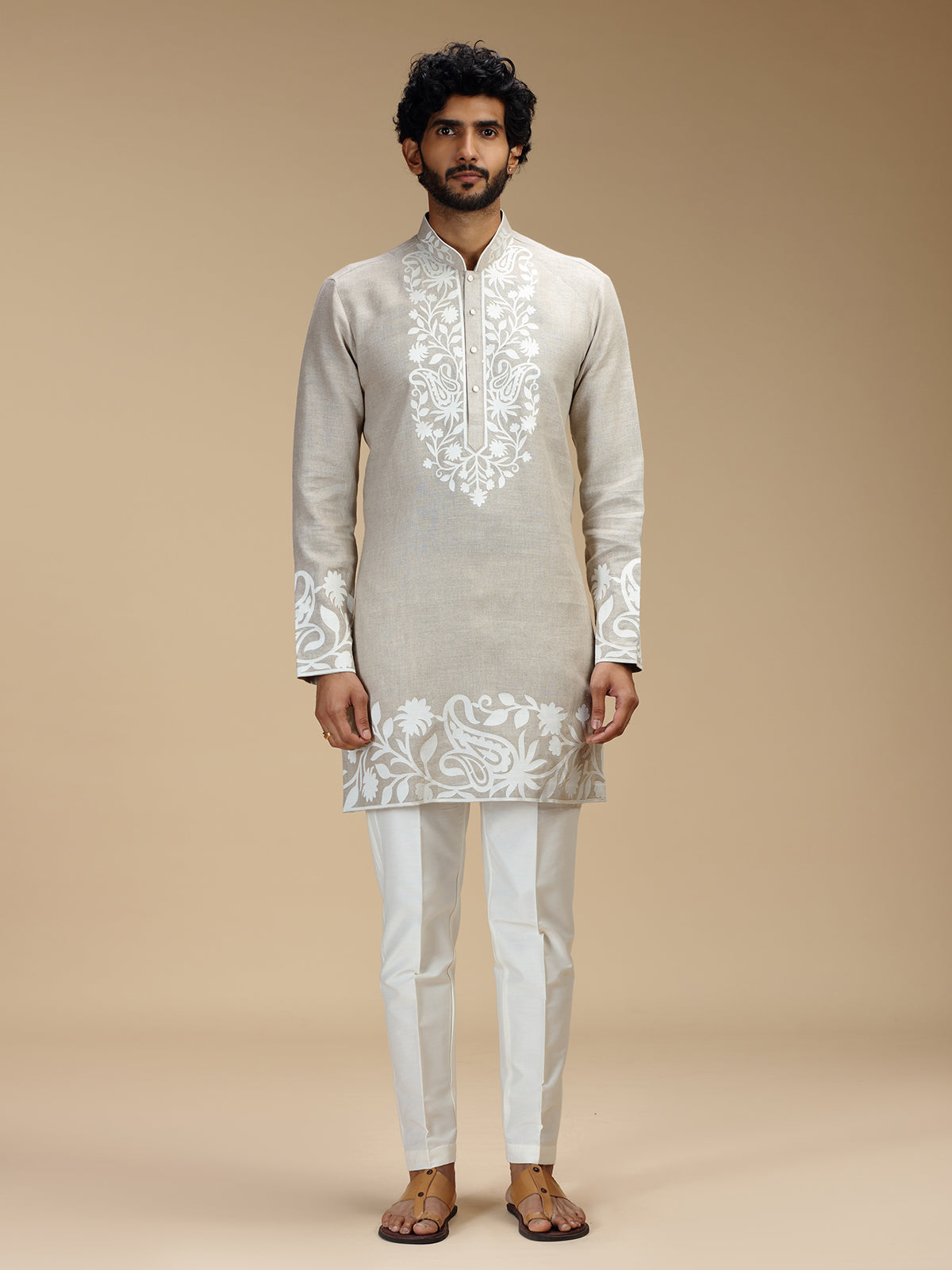 Beige botanical patchwork linen kurta pajama