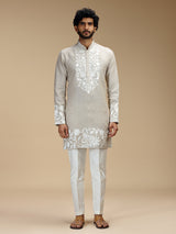 Beige botanical patchwork linen kurta pajama