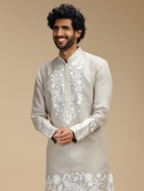 Beige botanical patchwork linen kurta pajama