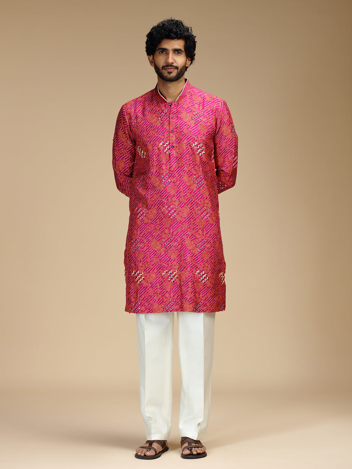 Pink zigzag embroidered silk blend kurta pajama