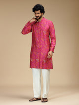 Pink zigzag embroidered silk blend kurta pajama