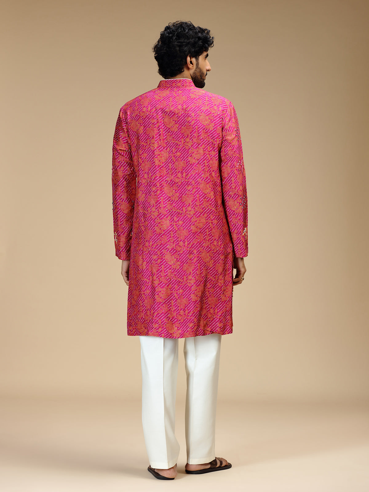 Pink zigzag embroidered silk blend kurta pajama