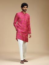 Pink zigzag embroidered silk blend kurta pajama