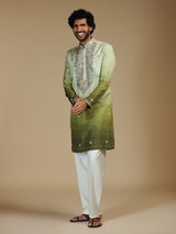 Green shaded embroidered silk blend kurta pajama