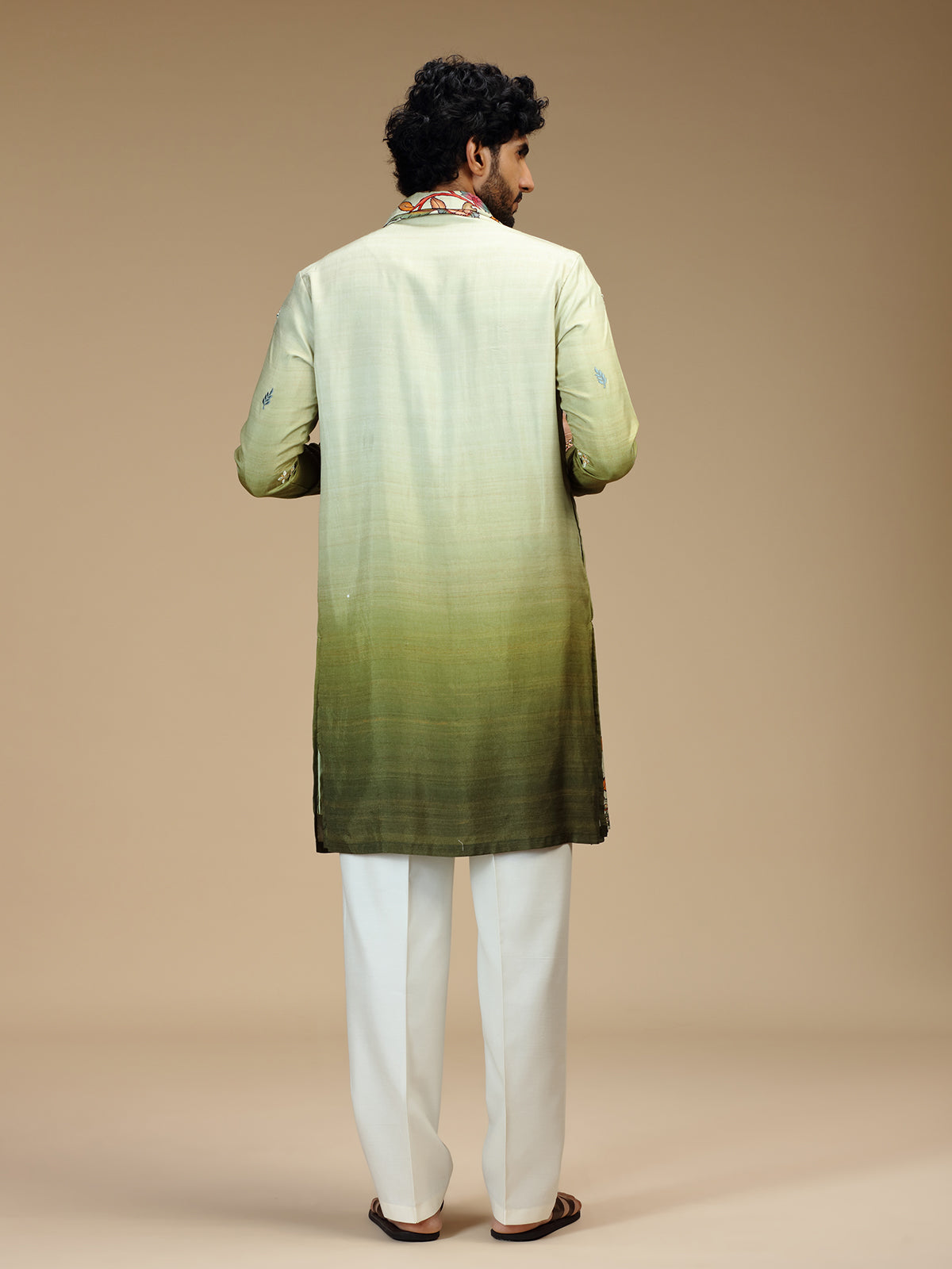 Green shaded embroidered silk blend kurta pajama