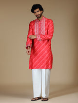 Pink leheriya embroidered silk blend kurta pajama