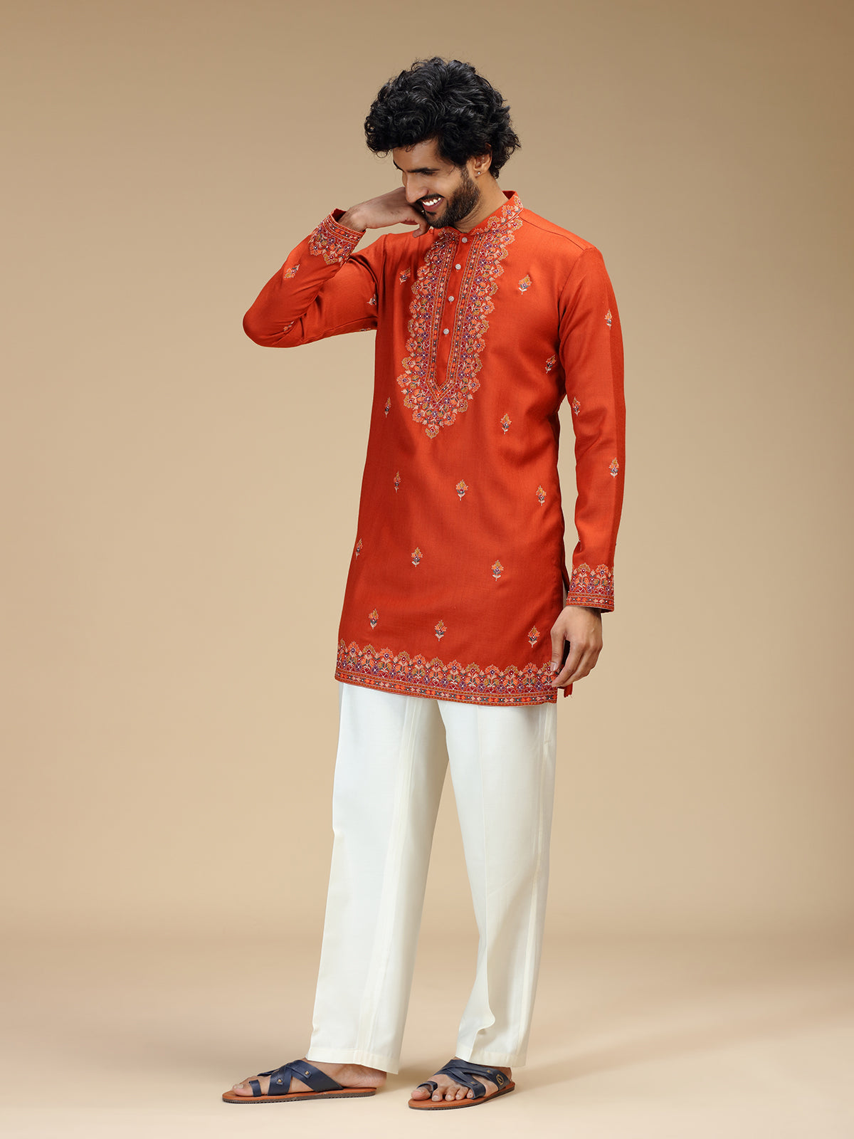 Rust orange floral bead embroidered Pashmina kurta pajama