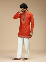 Rust orange floral bead embroidered Pashmina kurta pajama