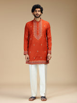 Rust orange floral bead embroidered Pashmina kurta pajama