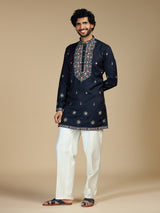 Navy blue floral zari embroidered Pashmina kurta pajama