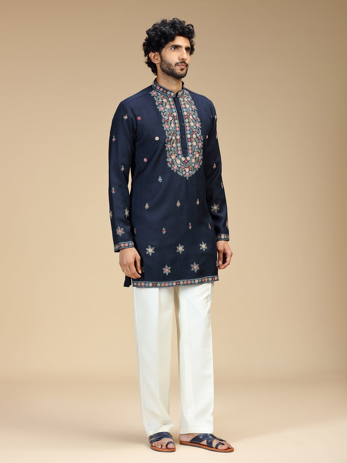 Navy blue floral zari embroidered Pashmina kurta pajama